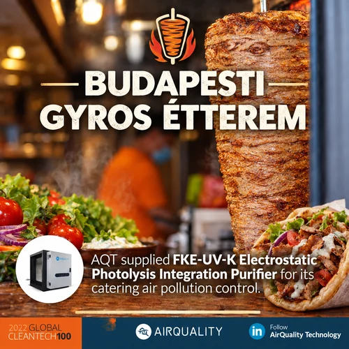 Budapesti gyrosétterem – FKE-UV-K elektrosztatikus és UV-fokozatú levegőtisztító a konyhai elszívott levegőre